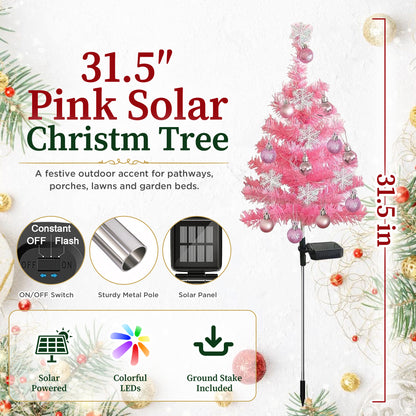 HioHa Solar Christmas Tree Stakes, 2 Pack Pink Outdoor Solar LED Christmas Tree Stake Lights, Waterproof Christmas Decor with Baubles & Snowflake Ornaments, Solar Powered Pathway Lights for Yard Lawn