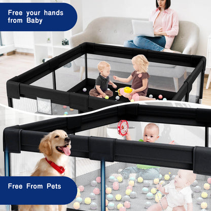 HioHa 52" x 52" Baby Playpen, Portable Play Yard with Sturdy Steel Frame & Breathable Mesh, Indoor Outdoor Baby Play Area