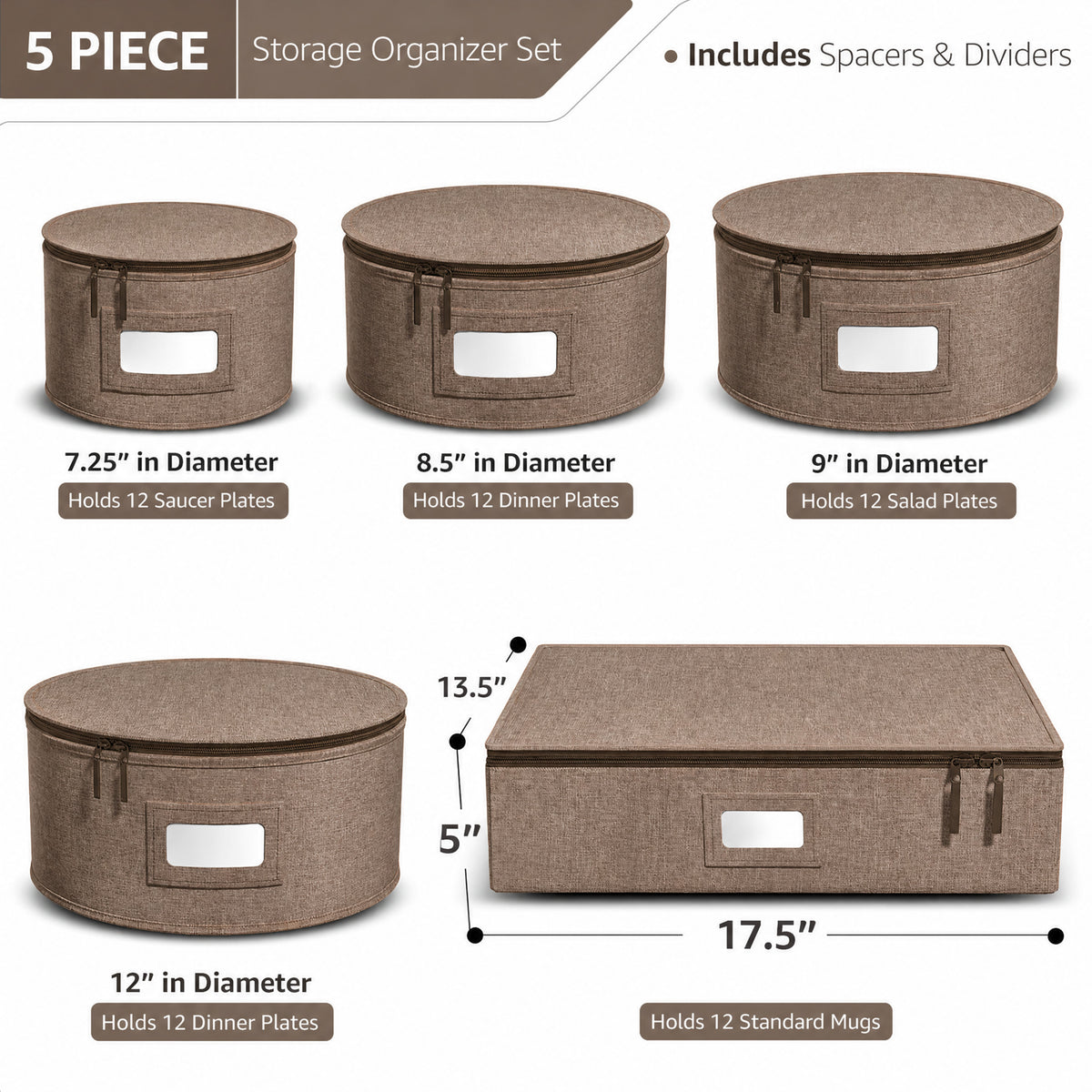 HioHa 5-Piece China Storage Containers, Stackable Dish Box with Felt Dividers for Plates, Wine Glasses, Mugs, Saucers, Kitchen & Moving Organization
