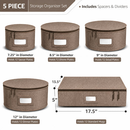 HioHa 5-Piece China Storage Containers, Stackable Dish Box with Felt Dividers for Plates, Wine Glasses, Mugs, Saucers, Kitchen & Moving Organization