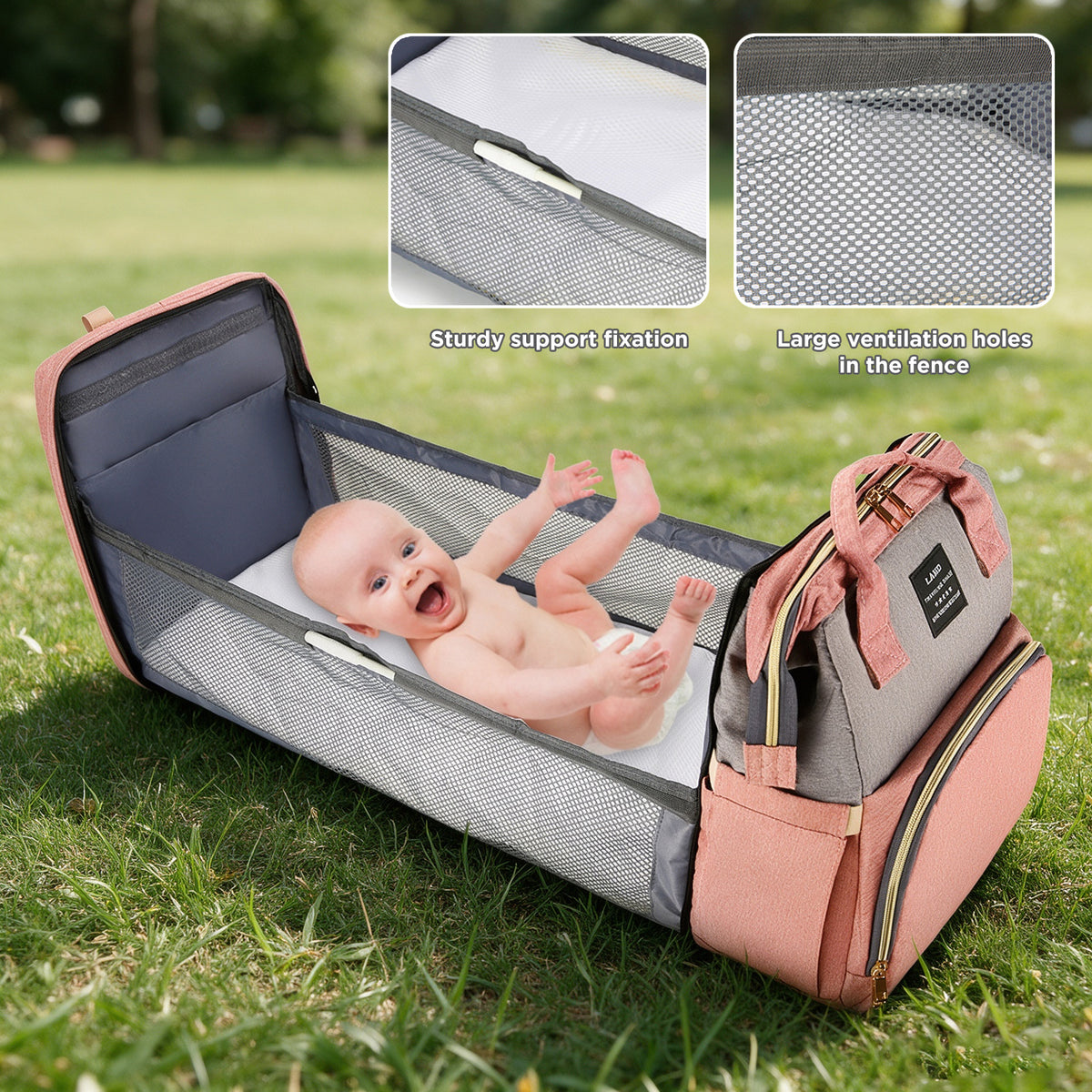 HioHa Diaper Bag Backpack, Foldable Baby Bed Changing Station, Large Capacity Waterproof Travel Baby Bag with USB Charging Port, Stroller Straps, Insulated Bottle Pockets, Pink
