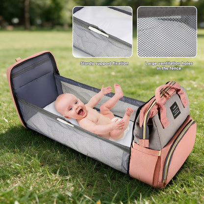 HioHa Diaper Bag Backpack, Foldable Baby Bed Changing Station, Large Capacity Waterproof Travel Baby Bag with USB Charging Port, Stroller Straps, Insulated Bottle Pockets, Pink