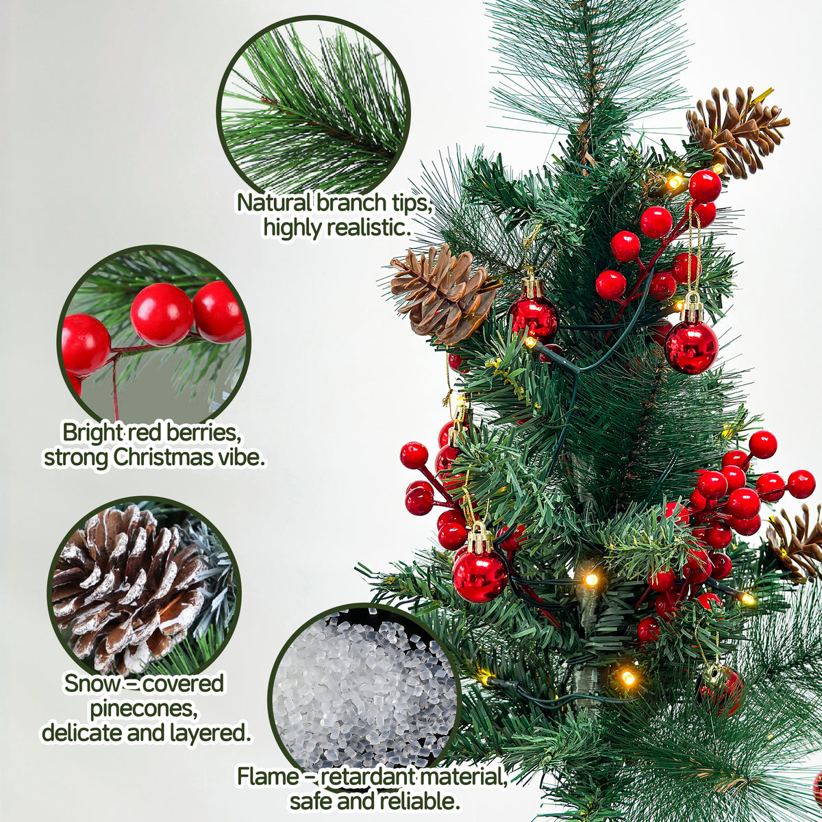 HioHa Solar Christmas Tree, 2 Pack Outdoor Mini Christmas Tree with Red Berries & Pine Cones, Waterproof Light Up Xmas Tree Stakes for Yard Garden Lawn Pathway Decor