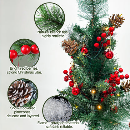 HioHa Solar Christmas Tree, 2 Pack Outdoor Mini Christmas Tree with Red Berries & Pine Cones, Waterproof Light Up Xmas Tree Stakes for Yard Garden Lawn Pathway Decor