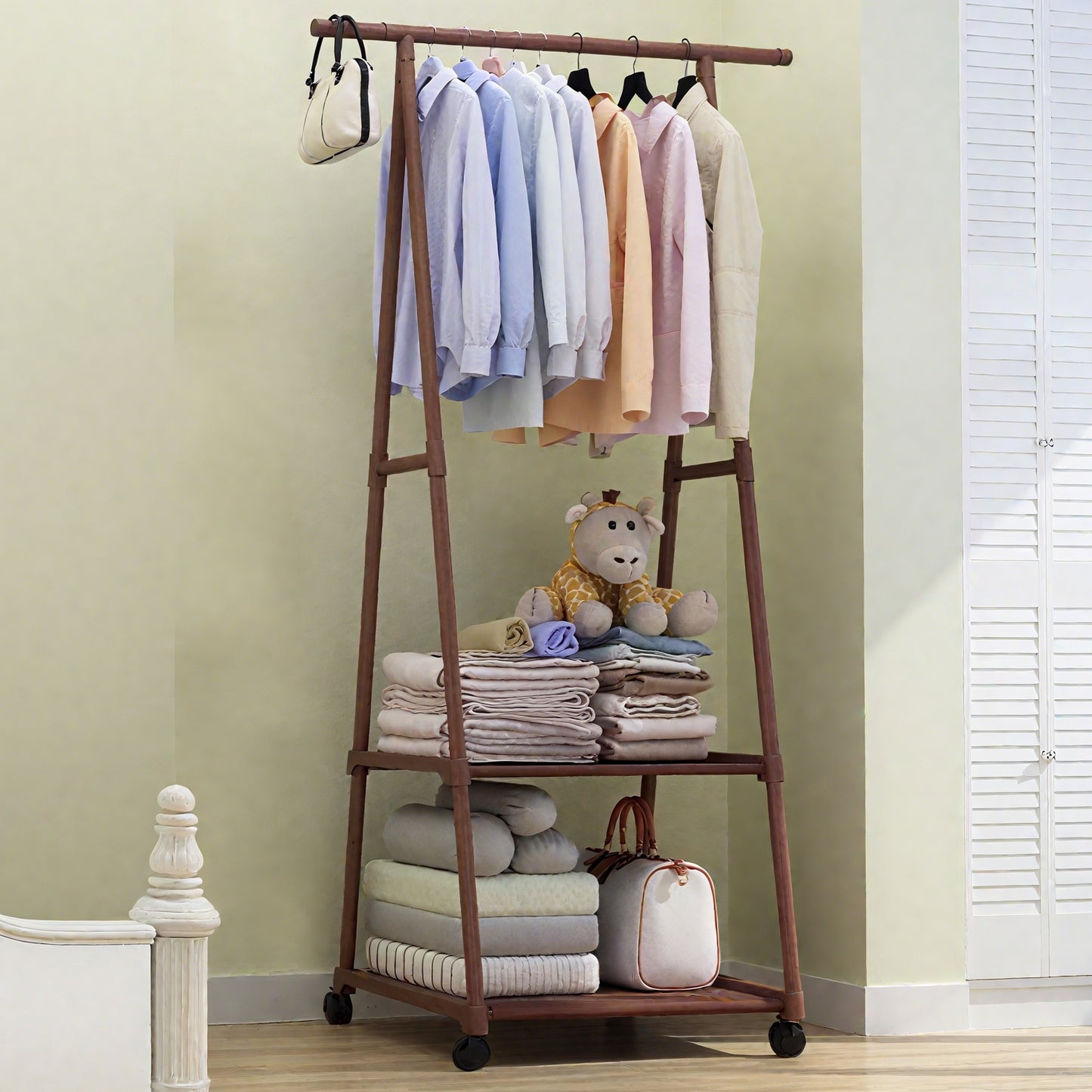 HioHa Portable Clothes Rack on Wheels with 2-Tier Shelves & Hooks - Stainless Steel Rolling Garment Rack for Clothing, Shoes, Laundry - Home, Office, Dorm Use (Brown)