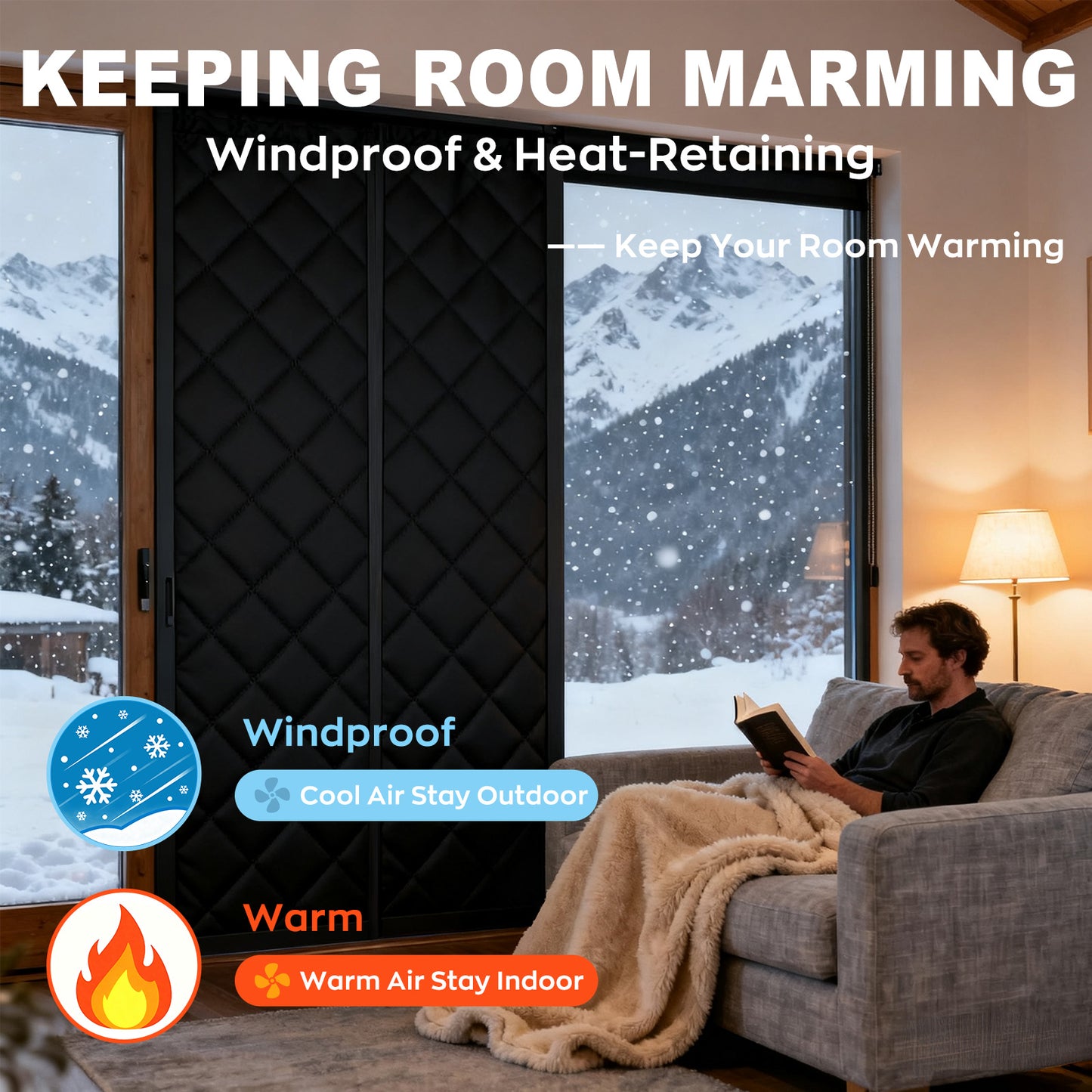 HioHa Magnetic Thermal Door Curtain - 32x80 Inch Insulated Winter Door Cover with Thickened Cotton, for Sliding Glass & Patio Doors to Block Cold Drafts - Black