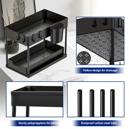 HioHa Under Sink Organizer, 2 Tier Under Sink Storage for Narrow Space, Pull Out Cabinet Organizer with 8 Hooks for Kitchen Bathroom, 2PCS