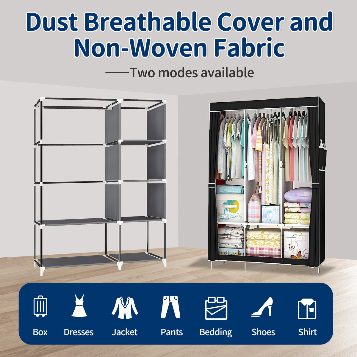 HioHa Portable Closet, Dustproof Wardrobe Closet with Cover, Free Standing Clothes Storage Organizer for Hanging Clothes and Bedroom, Black