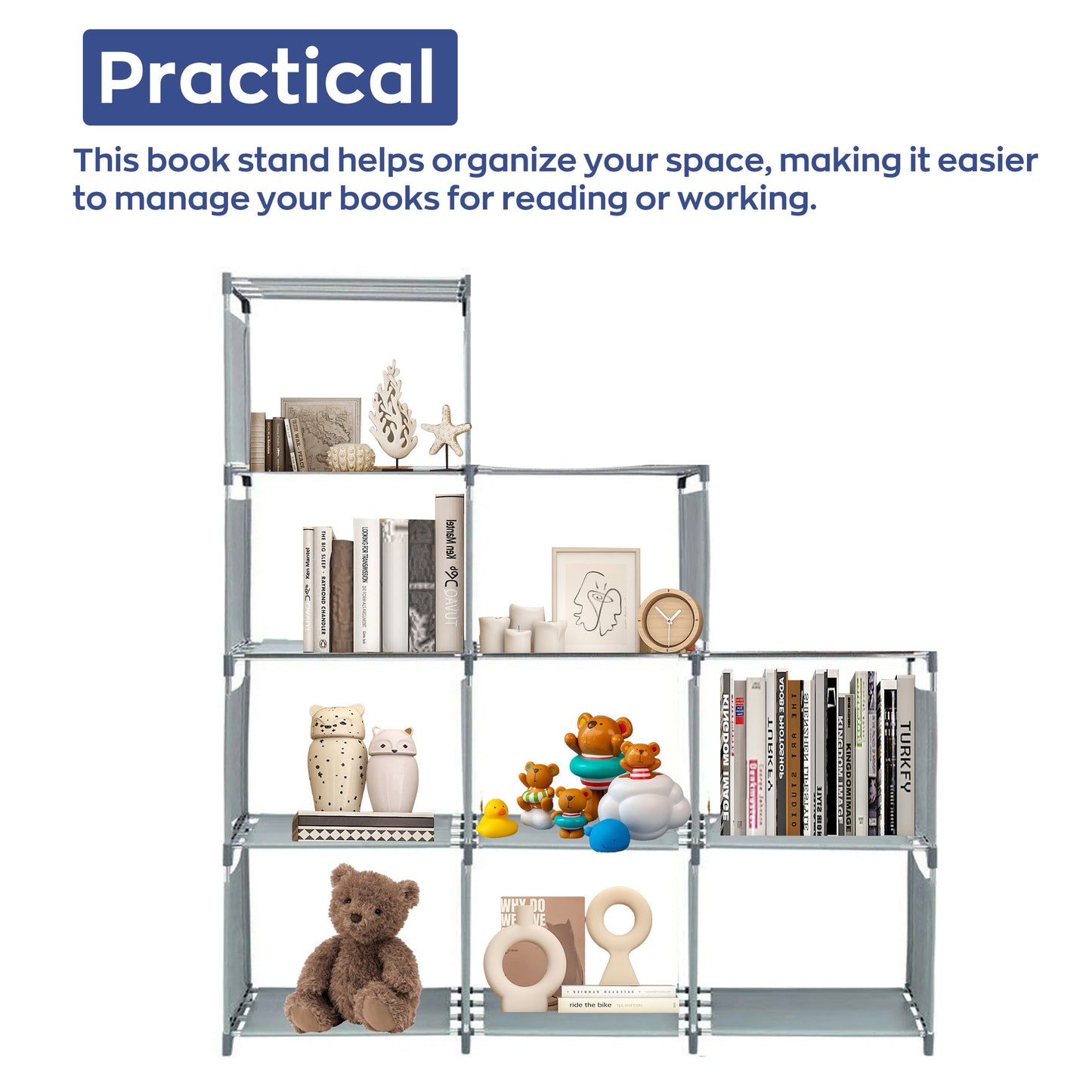 HioHa 12-Cube Storage Organizer, Portable Folding Bookshelf with Adjustable Shelves , Space Saving Unit for Home Office Closet , Grey