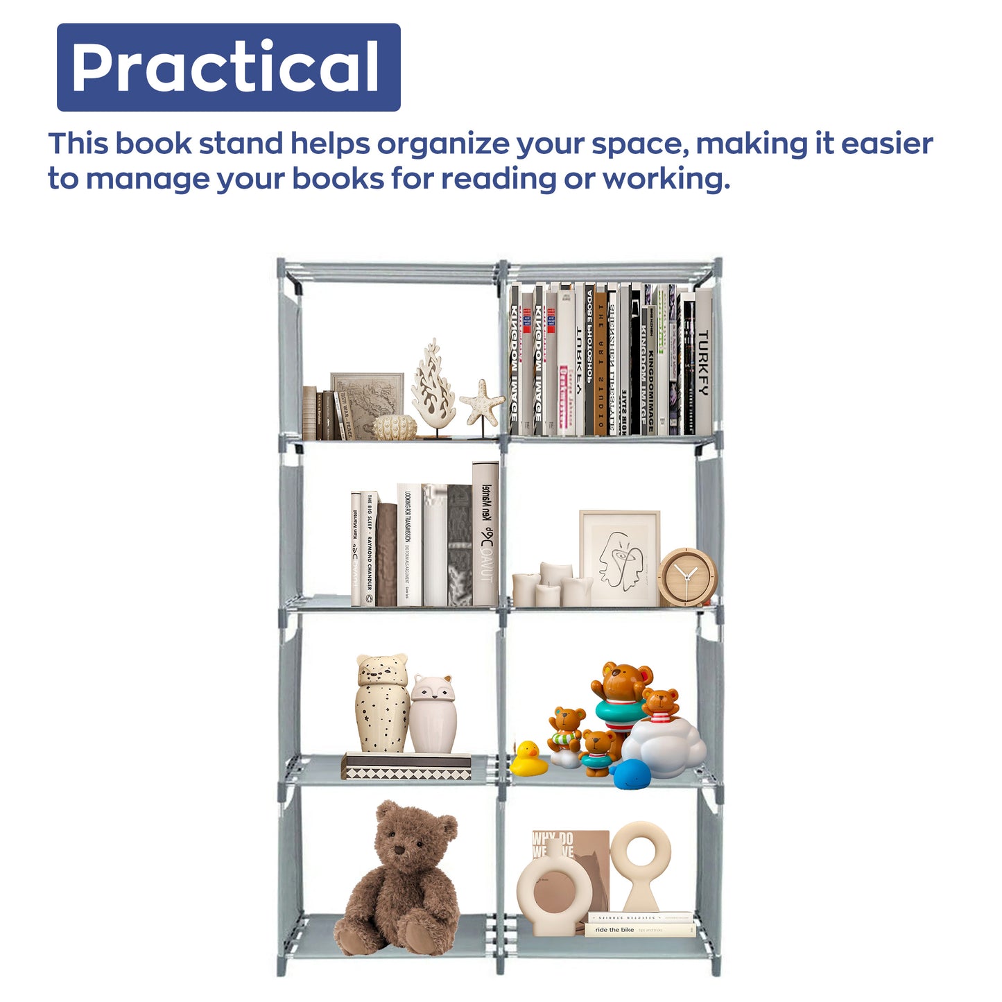 HioHa 8-Cube Storage Organizer, Portable Folding Bookshelf with Adjustable Shelves , Space Saving Unit for Home Office Closet , Grey