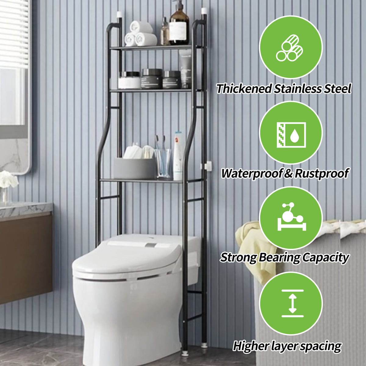 HioHa Over the Toilet Storage Rack, 3 Tier Bathroom Space Saver, Bathroom Corner Stand Storage Organizer Accessories Bathroom Towel Shelf 22"W Black