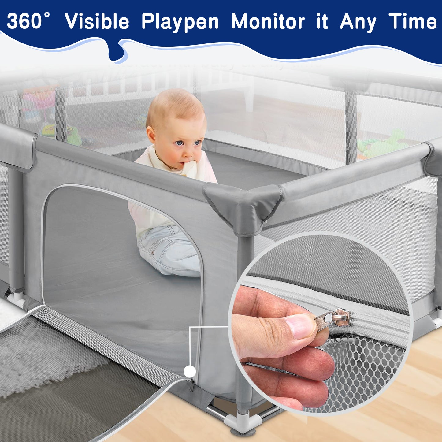 HioHa 52" x 52" Baby Playpen, Portable Play Yard with Sturdy Steel Frame & Breathable Mesh, Indoor Outdoor Baby Play Area