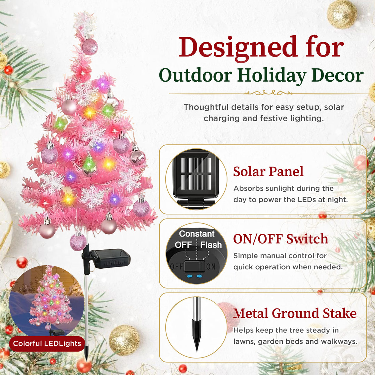 HioHa Solar Christmas Tree Stakes, 2 Pack Pink Outdoor Solar LED Christmas Tree Stake Lights, Waterproof Christmas Decor with Baubles & Snowflake Ornaments, Solar Powered Pathway Lights for Yard Lawn