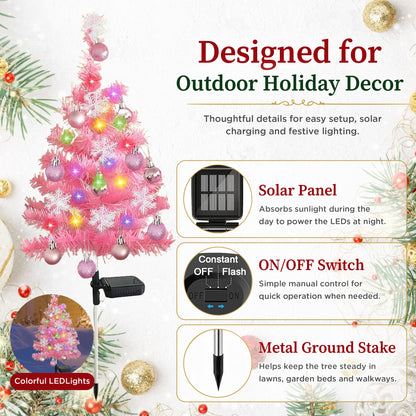 HioHa Solar Christmas Tree Stakes, 2 Pack Pink Outdoor Solar LED Christmas Tree Stake Lights, Waterproof Christmas Decor with Baubles & Snowflake Ornaments, Solar Powered Pathway Lights for Yard Lawn