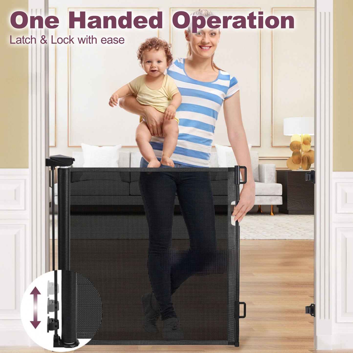 HioHa 59 Inch Retractable Gate, Hardware-Mounted Mesh Safety Gate for Stairs & Doorways, Black