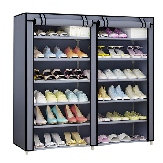 HioHa Plastic 7-Tier Double Row Shoe Rack with Dustproof Cover, Non-Woven Fabric Shoe Organizer, Holds 36 Pairs of Shoes, Space Saving Storage, 42.5 Inches Tall, Gray