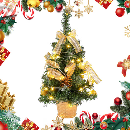 HioHa Small Christmas Trees with Lights, 1.4ft Mini Christmas Tree - Flocked Tabletop Christmas Decor for Home Office, Rustic Artificial Christmas Tree