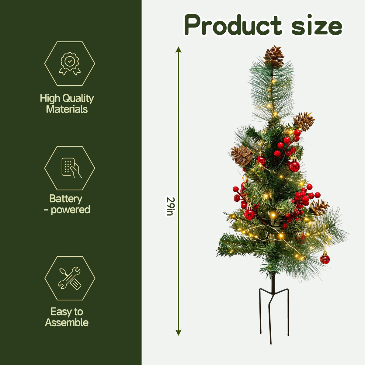 HioHa Solar Christmas Tree, 2 Pack Outdoor Mini Christmas Tree with Red Berries & Pine Cones, Waterproof Light Up Xmas Tree Stakes for Yard Garden Lawn Pathway Decor