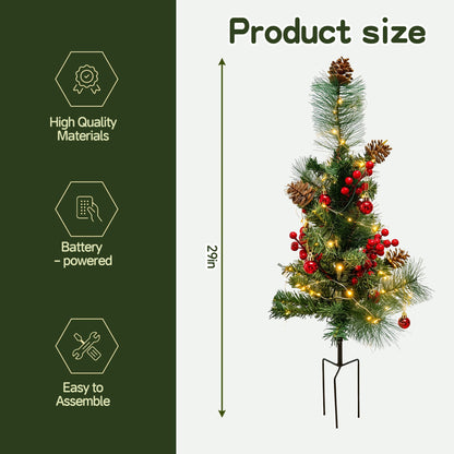 HioHa Solar Christmas Tree, 2 Pack Outdoor Mini Christmas Tree with Red Berries & Pine Cones, Waterproof Light Up Xmas Tree Stakes for Yard Garden Lawn Pathway Decor