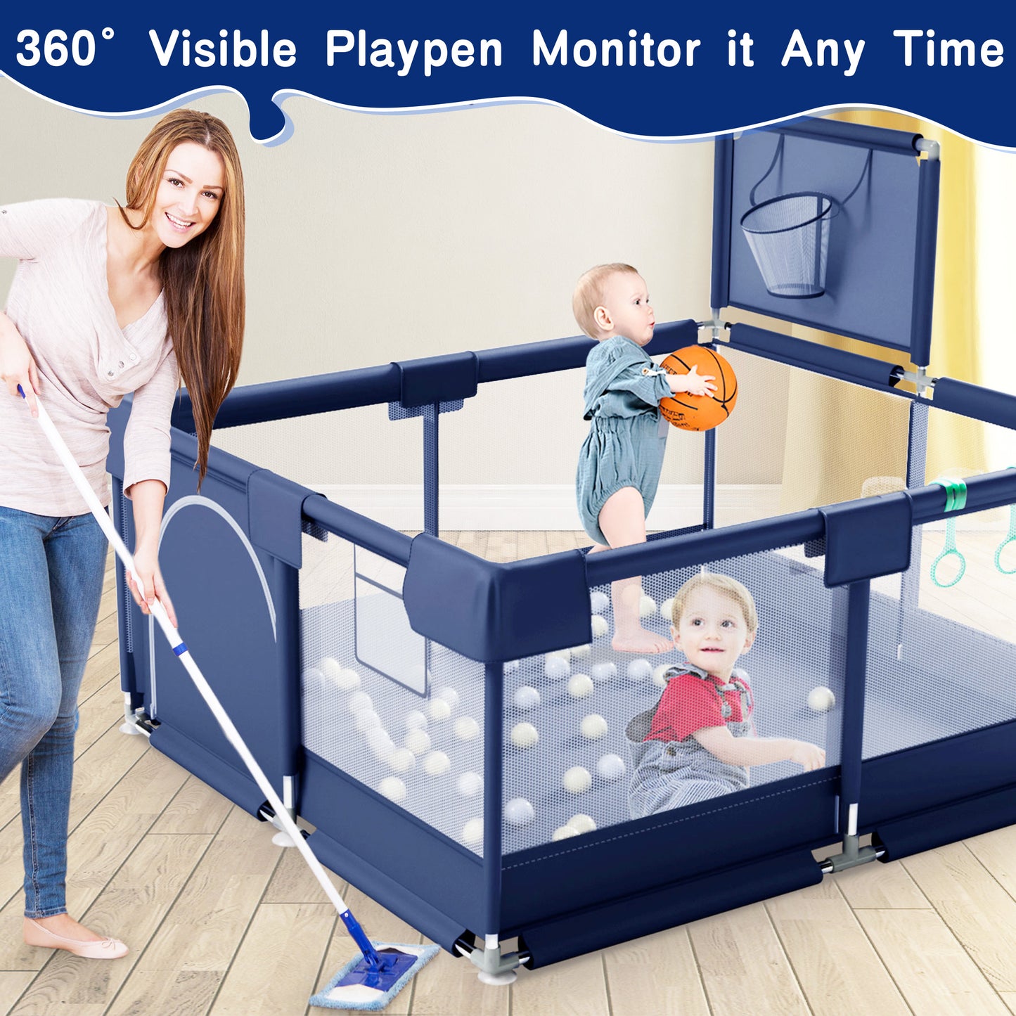 HioHa Baby Playpen, Big Playard with Basketball Hoop, Portable Play Yard Baby Fences with Storage Bag for Infant Toddler