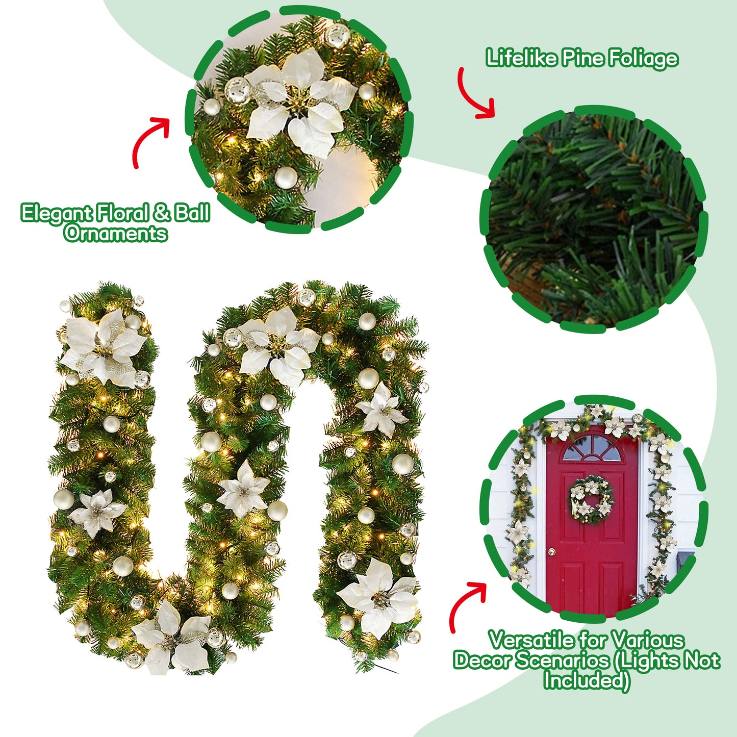HioHa Christmas Garland 9ft Artificial Pine Garland with Warm White LED Lights, Pine Cones and Berries for Holiday Indoor Home Decor