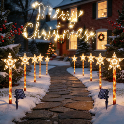 HioHa 2 Sets Solar Star Christmas Pathway Lights, 5-in-1 Outdoor Candy Cane Star Stake Lights, Warm White LED Waterproof Holiday Decor for Yard Lawn Garden Walkway