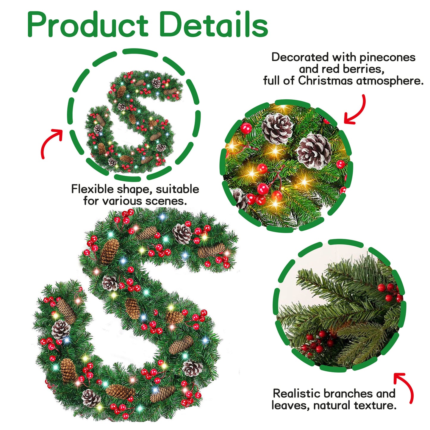 HioHa Christmas Garland 9ft Artificial Pine Garland with Pine Cones Berries for Holiday Indoor Outdoor Decor