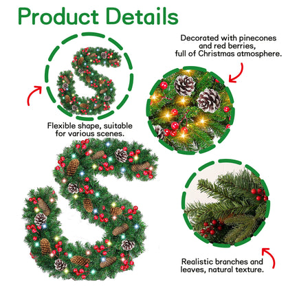 HioHa Christmas Garland 9ft Artificial Pine Garland with Pine Cones Berries for Holiday Indoor Outdoor Decor