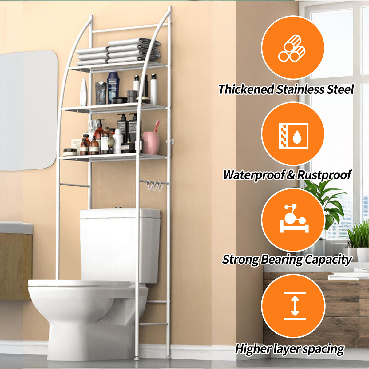 HioHa Over the Toilet Storage, Bathroom Organizer and Storage Shelf with Paper Holder and Hooks, New Over Toilet Storage Rack for Bathroom Laundry Room Balcony, 17.32"W White