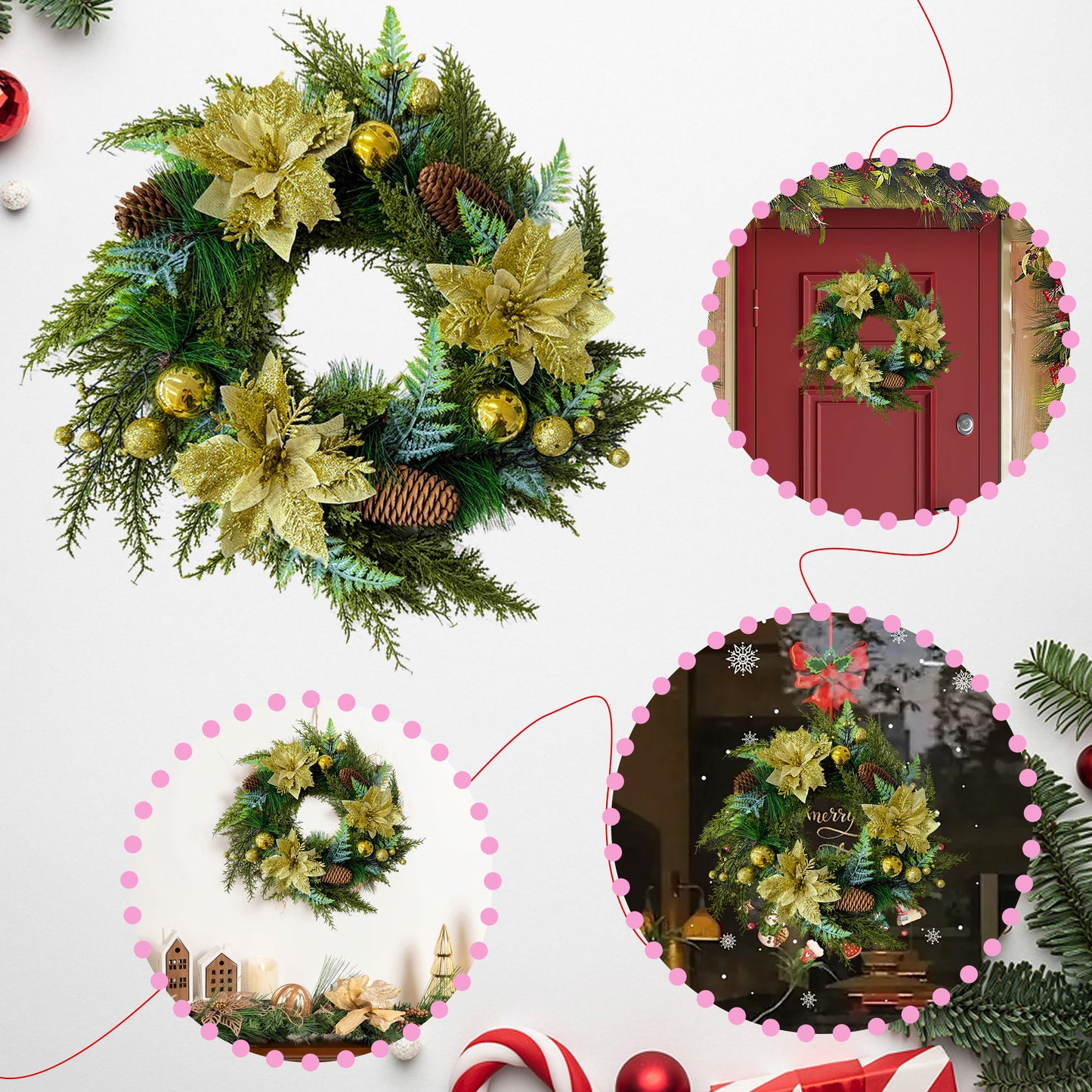 HioHa 16-inch Classic Christmas Wreath with Pine Cones & Berries, Full Artificial Holiday Wreath for Door Wall Mantel Decor, Indoor Outdoor Christmas Decorations