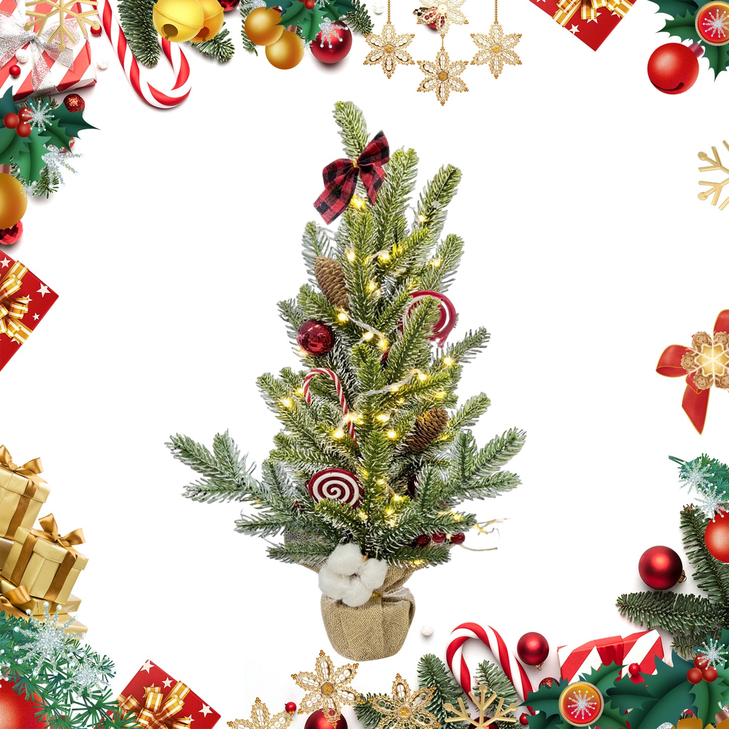 HioHa Small Christmas Trees with Lights, 1.8ft Mini Christmas Tree - Flocked Tabletop Christmas Decor for Home Office, Rustic Artificial Christmas Tree