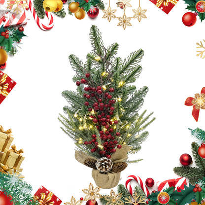 HioHa Small Christmas Trees with Lights, 1.8ft Mini Christmas Tree - Flocked Tabletop Christmas Decor for Home Office, Rustic Artificial Christmas Tree