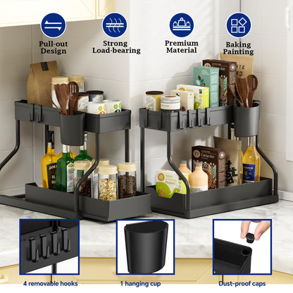 HioHa Under Sink Organizer, L-Shaped Pull Out Cabinet Organizer for Narrow Space, 2 Tier Drawer Organization and Storage Shelves for Kitchen Bathroom, 2PCS