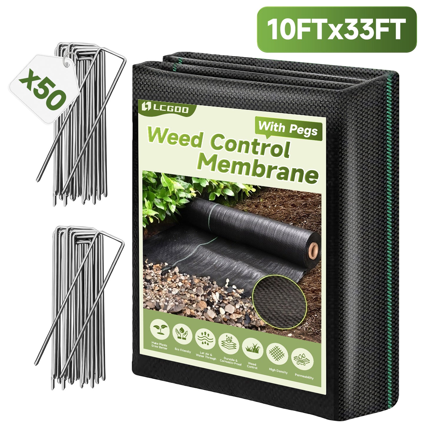 LCOGD 10x33ft High-Permeability Weed Barrier Fabric with 50 Ground Nails, Heavy Duty Landscape Fabric for Gardens, Lawns & Landscaping