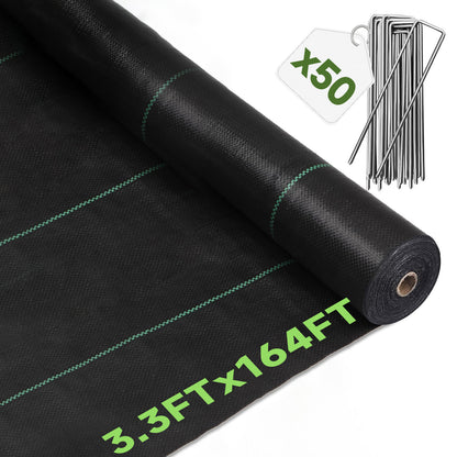 Lcogd 3.3x164ft High-Permeability Weed Barrier Fabric with 50 Ground Nails, Heavy Duty Landscape Fabric for Gardens, Lawns & Landscaping