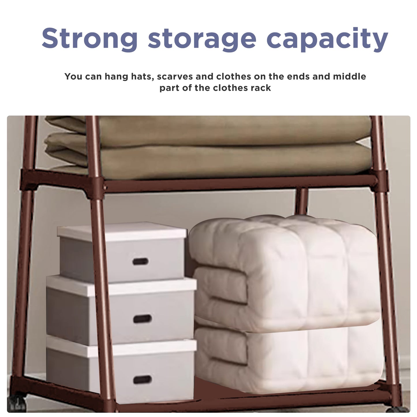 HioHa Portable Clothes Rack on Wheels with 2-Tier Shelves & Hooks - Stainless Steel Rolling Garment Rack for Clothing, Shoes, Laundry - Home, Office, Dorm Use (Brown)