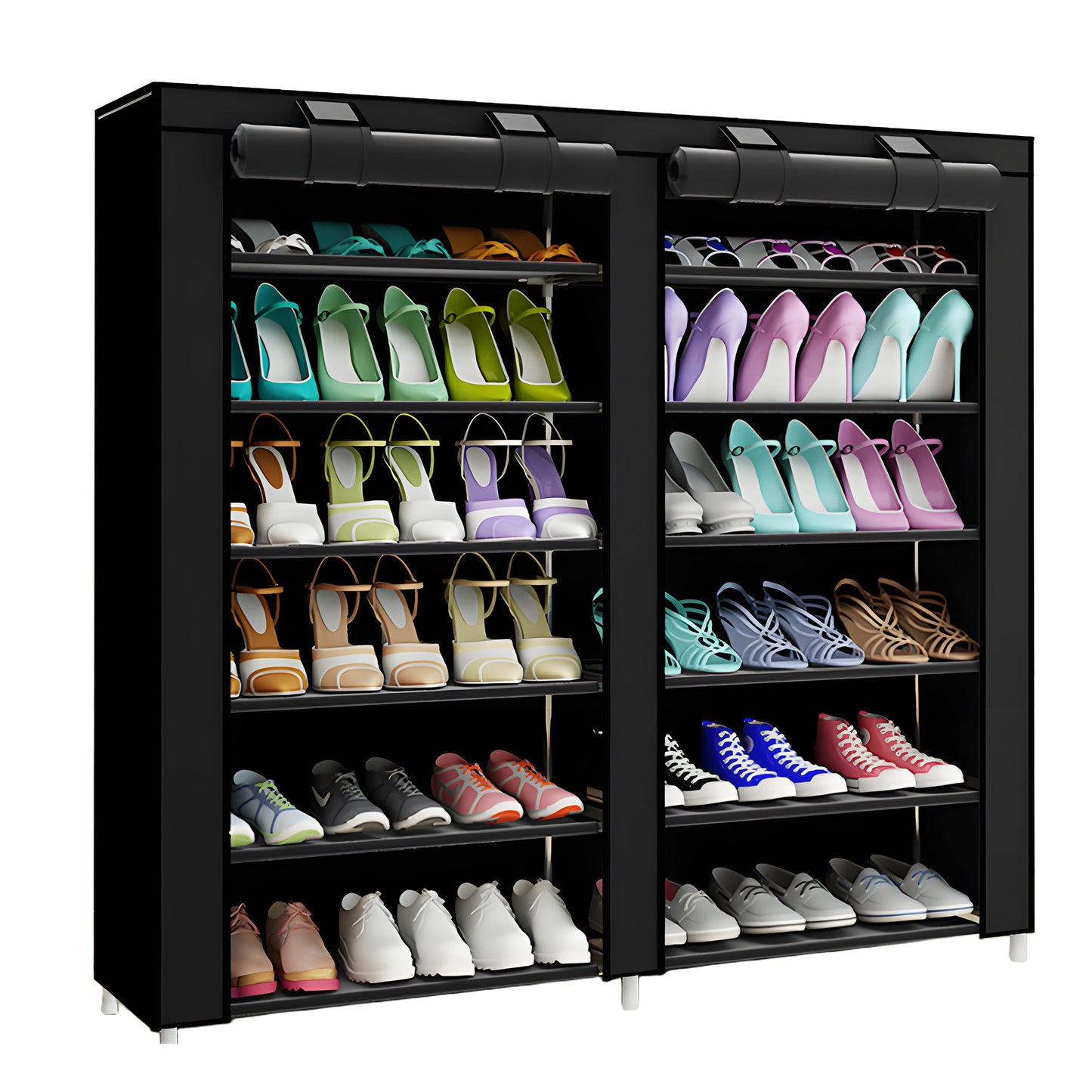 HioHa Plastic 7-Tier Double Row Shoe Rack with Dustproof Cover, Non-Woven Fabric Shoe Organizer, Holds 36 Pairs of Shoes, Space Saving Storage, 42.5 Inches Tall, Black