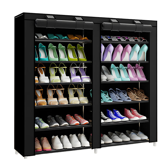 HioHa Plastic 7-Tier Double Row Shoe Rack with Dustproof Cover, Non-Woven Fabric Shoe Organizer, Holds 36 Pairs of Shoes, Space Saving Storage, 42.5 Inches Tall, Black