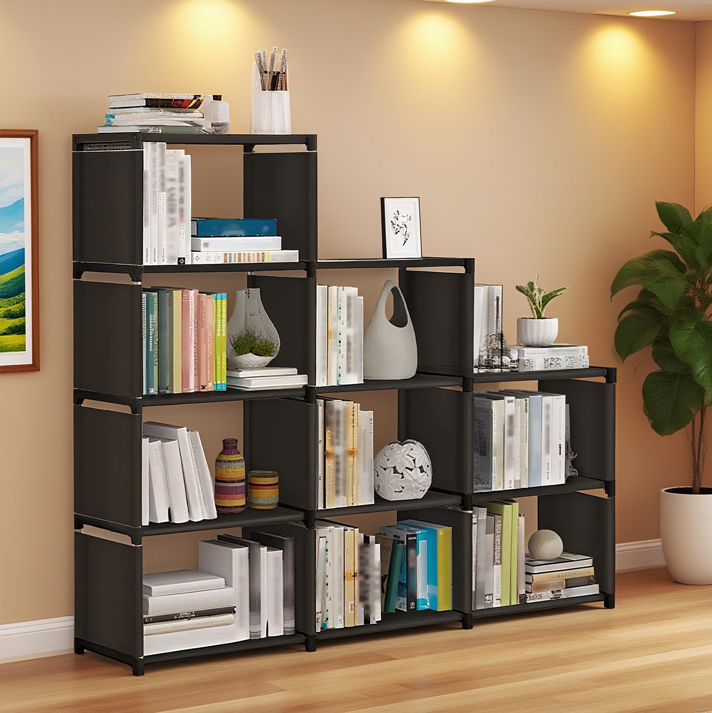 Black Portable 12-Cube Bookcase Adjustable Bookshelf Organizer Shelf Unit Folding Storage Shelves Unit Portable Organizer Bookshelf Shelf Rack