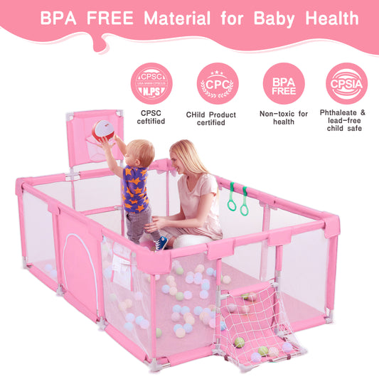 HioHa Large Baby Playpen, Big Baby Playard with Basketball Hoop, 71 inch Portable Play Yard Baby Fences with Storage Bag for Infant Toddler