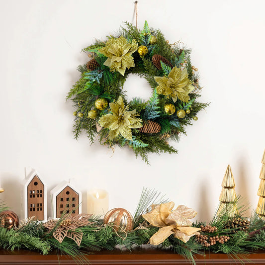 HioHa 16-inch Classic Christmas Wreath with Pine Cones &amp; Berries, Full Artificial Holiday Wreath for Door Wall Mantel Decor, Indoor Outdoor Christmas Decorations