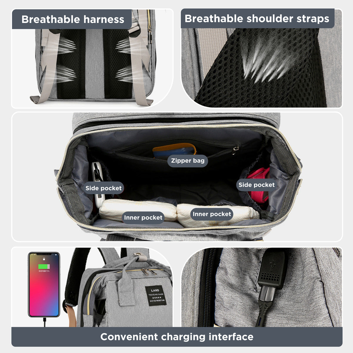 HioHa Diaper Bag Backpack, Foldable Baby Bed Changing Station, Large Capacity Waterproof Travel Baby Bag with USB Charging Port, Stroller Straps, Insulated Bottle Pockets, Gray