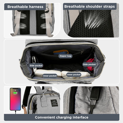 HioHa Diaper Bag Backpack, Foldable Baby Bed Changing Station, Large Capacity Waterproof Travel Baby Bag with USB Charging Port, Stroller Straps, Insulated Bottle Pockets, Gray