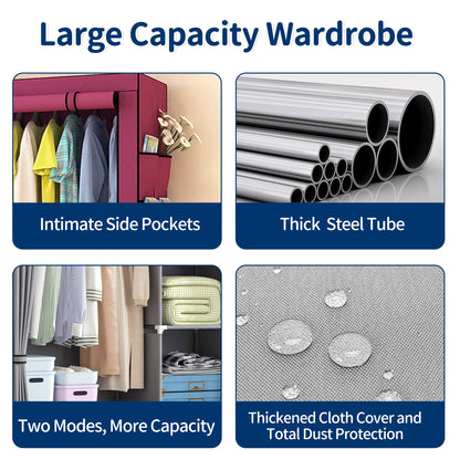 HioHa Portable Closet, Wardrobe Closet Storage with Thickened Steel Pipe, Clothes Storage Organizer with Waterproof Cover for Bedroom, 67x41x18 Inch(Burgundy)
