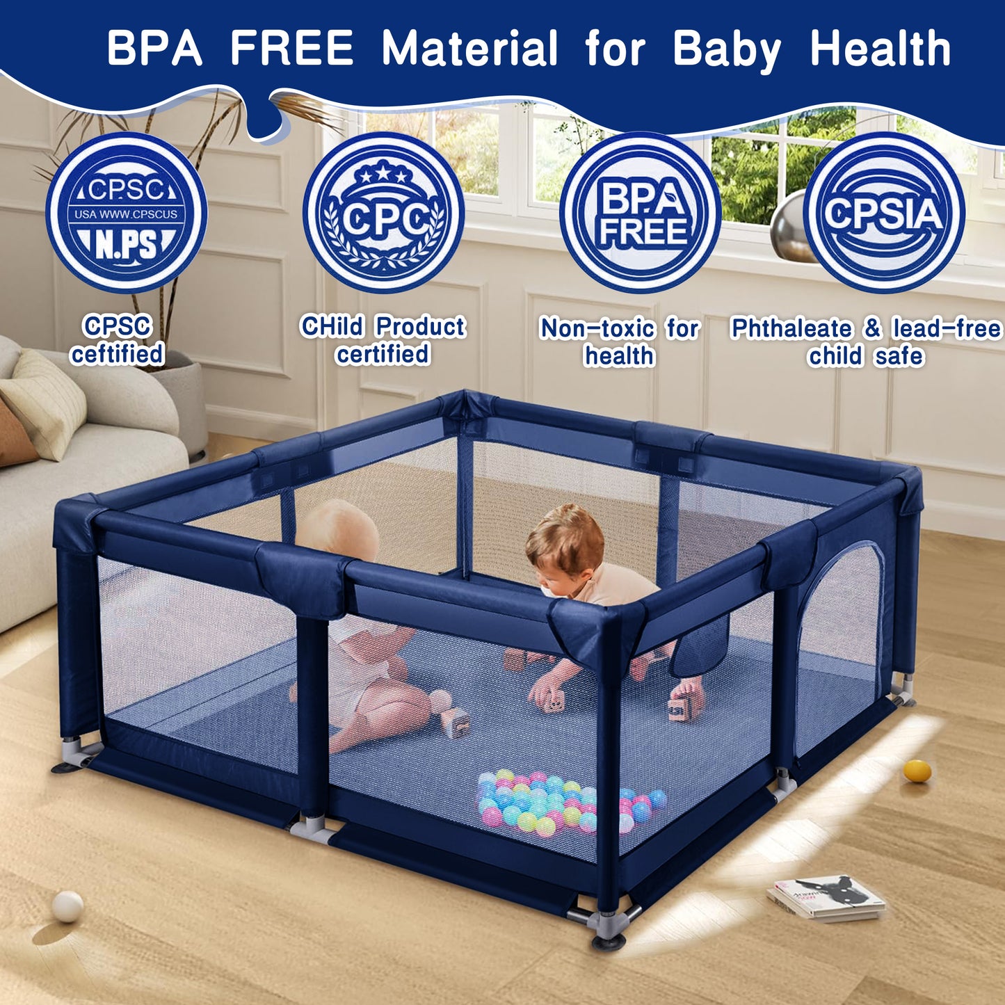 HioHa 52" x 52" Baby Playpen, Portable Play Yard with Sturdy Steel Frame & Breathable Mesh, Indoor Outdoor Baby Play Area
