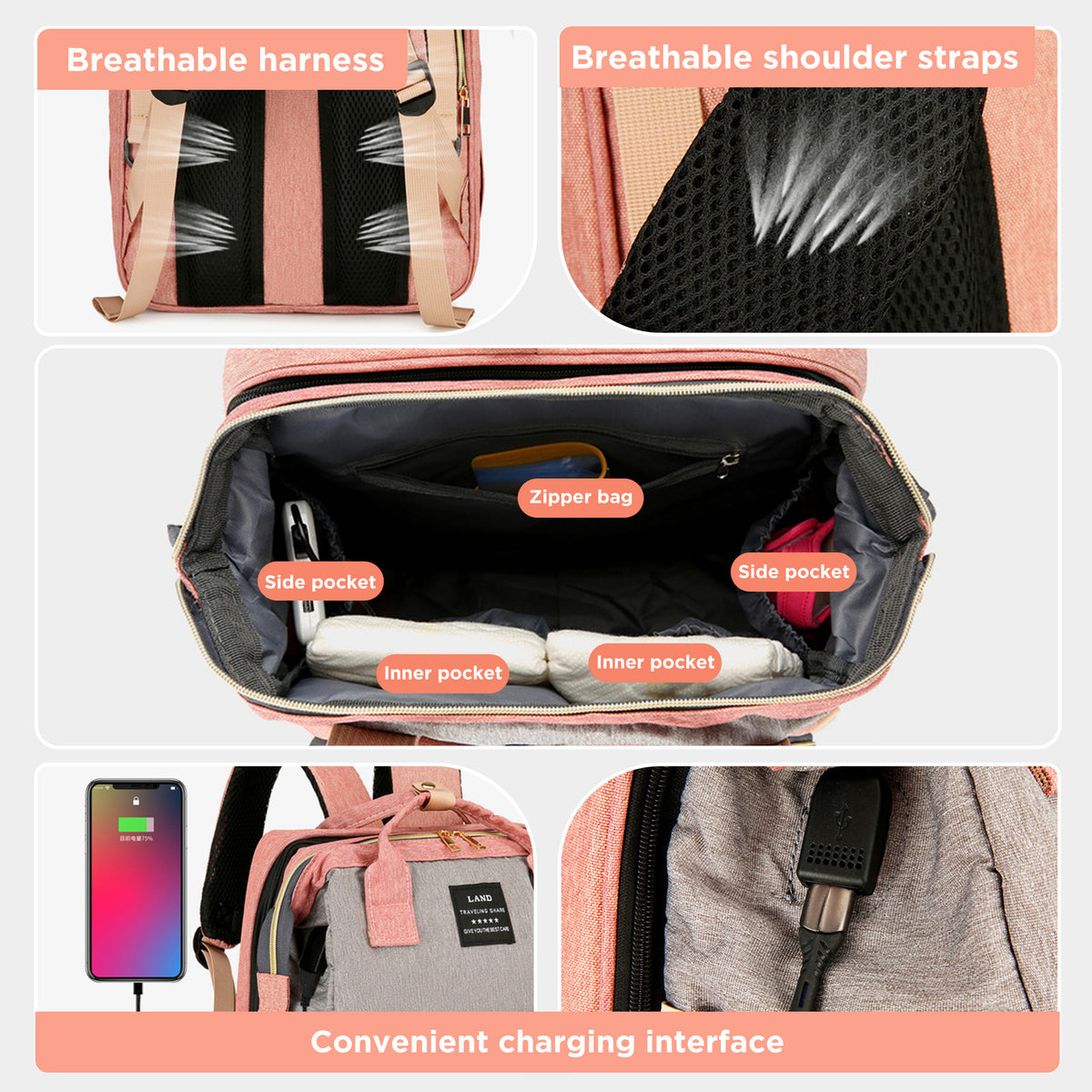 HioHa Diaper Bag Backpack, Foldable Baby Bed Changing Station, Large Capacity Waterproof Travel Baby Bag with USB Charging Port, Stroller Straps, Insulated Bottle Pockets, Pink