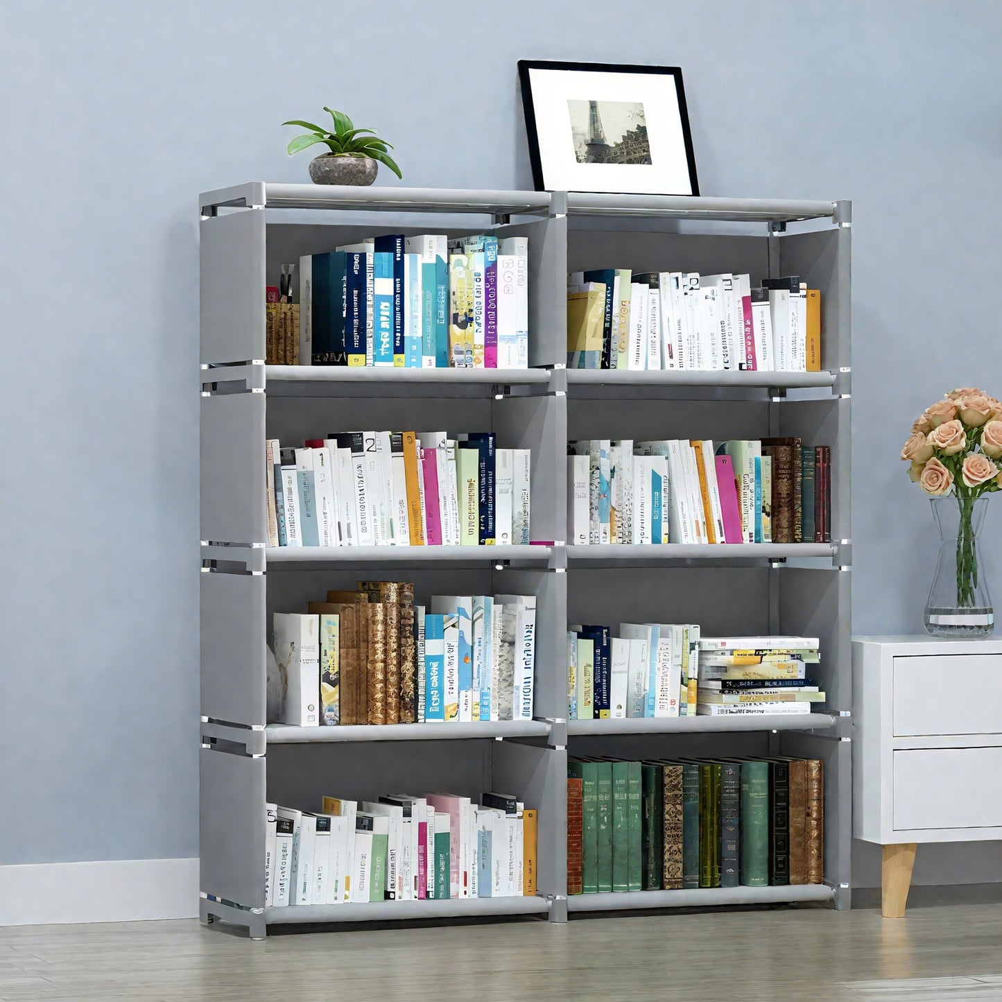 HioHa 8-Cube Storage Organizer, Portable Folding Bookshelf with Adjustable Shelves , Space Saving Unit for Home Office Closet , Grey