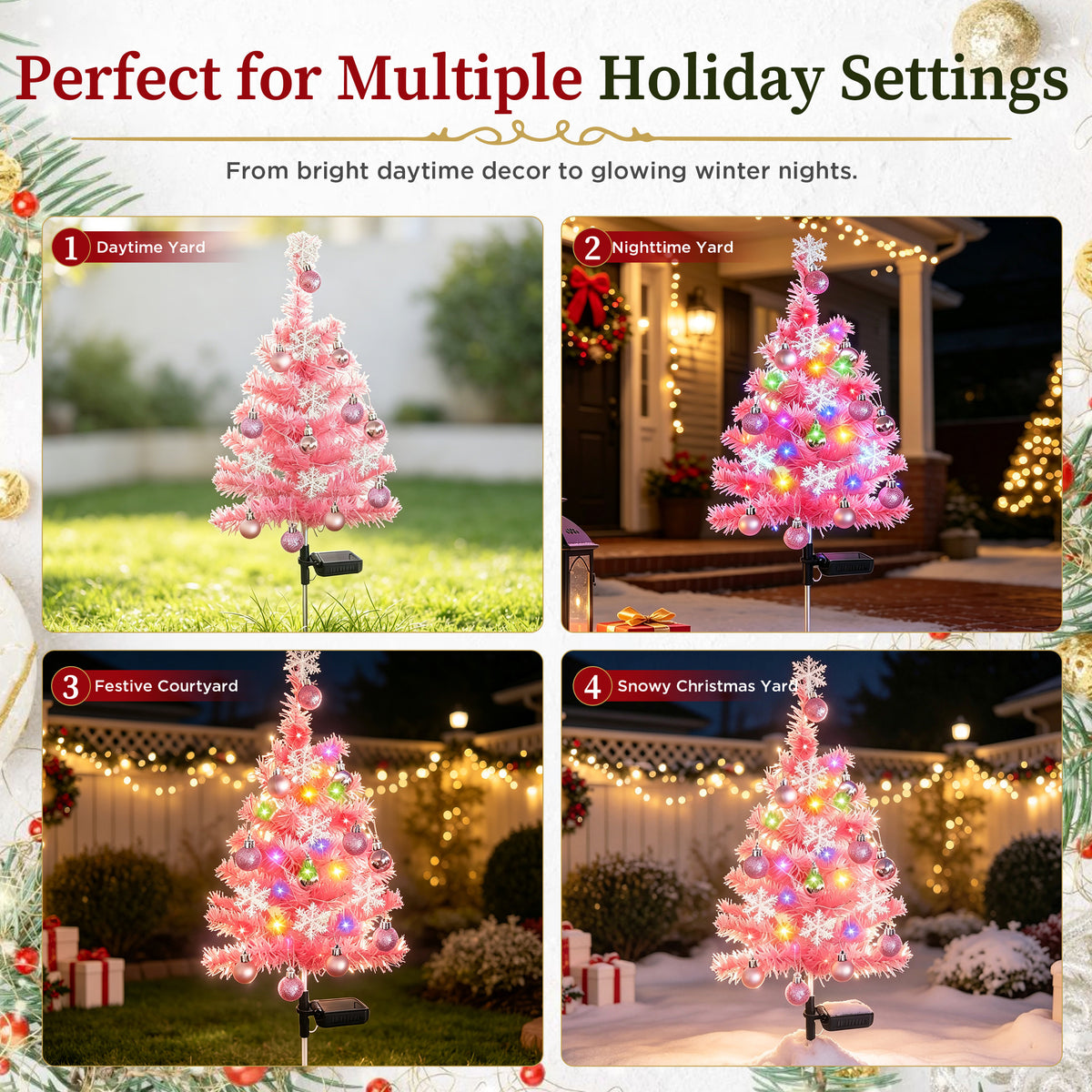 HioHa Solar Christmas Tree Stakes, 2 Pack Pink Outdoor Solar LED Christmas Tree Stake Lights, Waterproof Christmas Decor with Baubles & Snowflake Ornaments, Solar Powered Pathway Lights for Yard Lawn