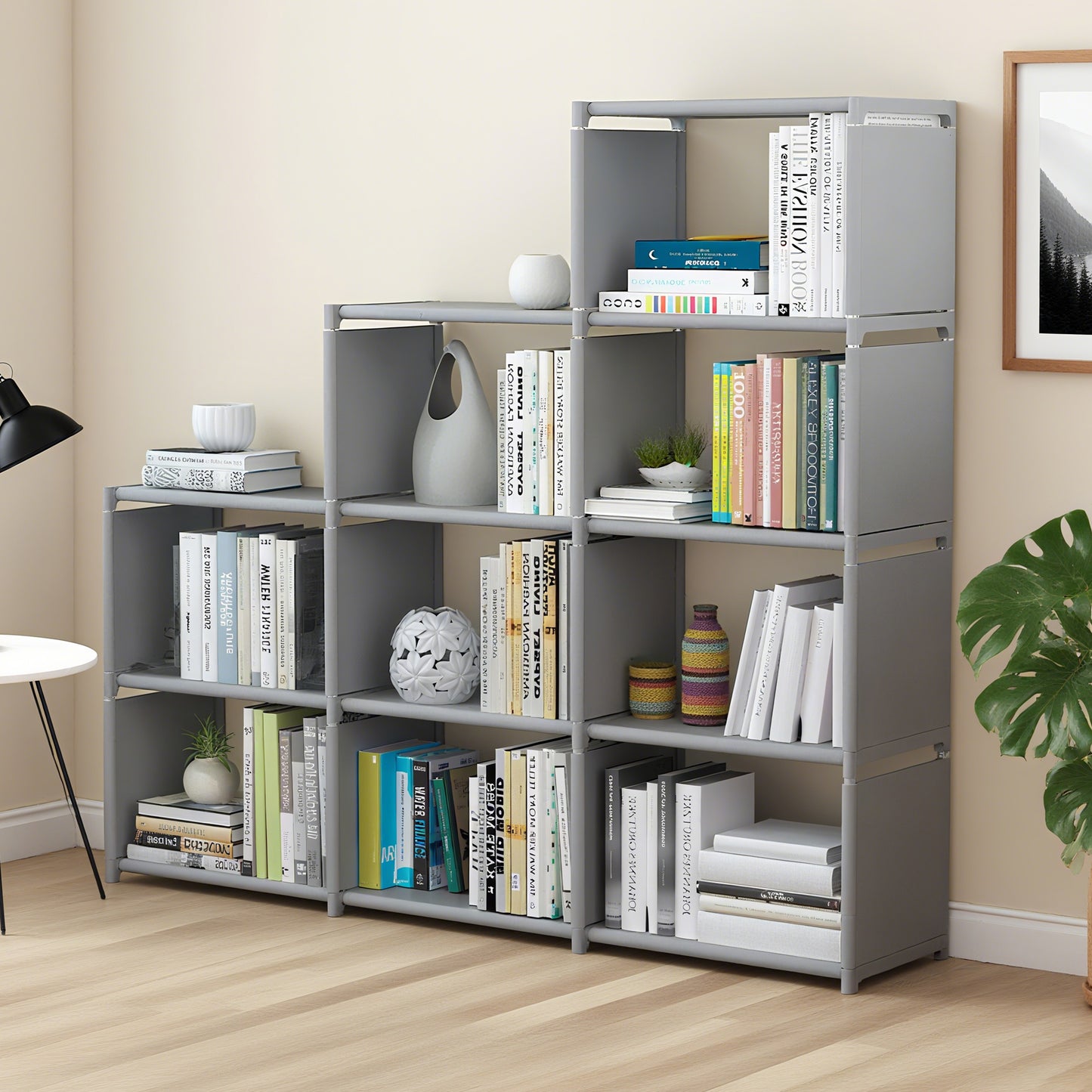 HioHa 12-Cube Storage Organizer, Portable Folding Bookshelf with Adjustable Shelves , Space Saving Unit for Home Office Closet , Grey