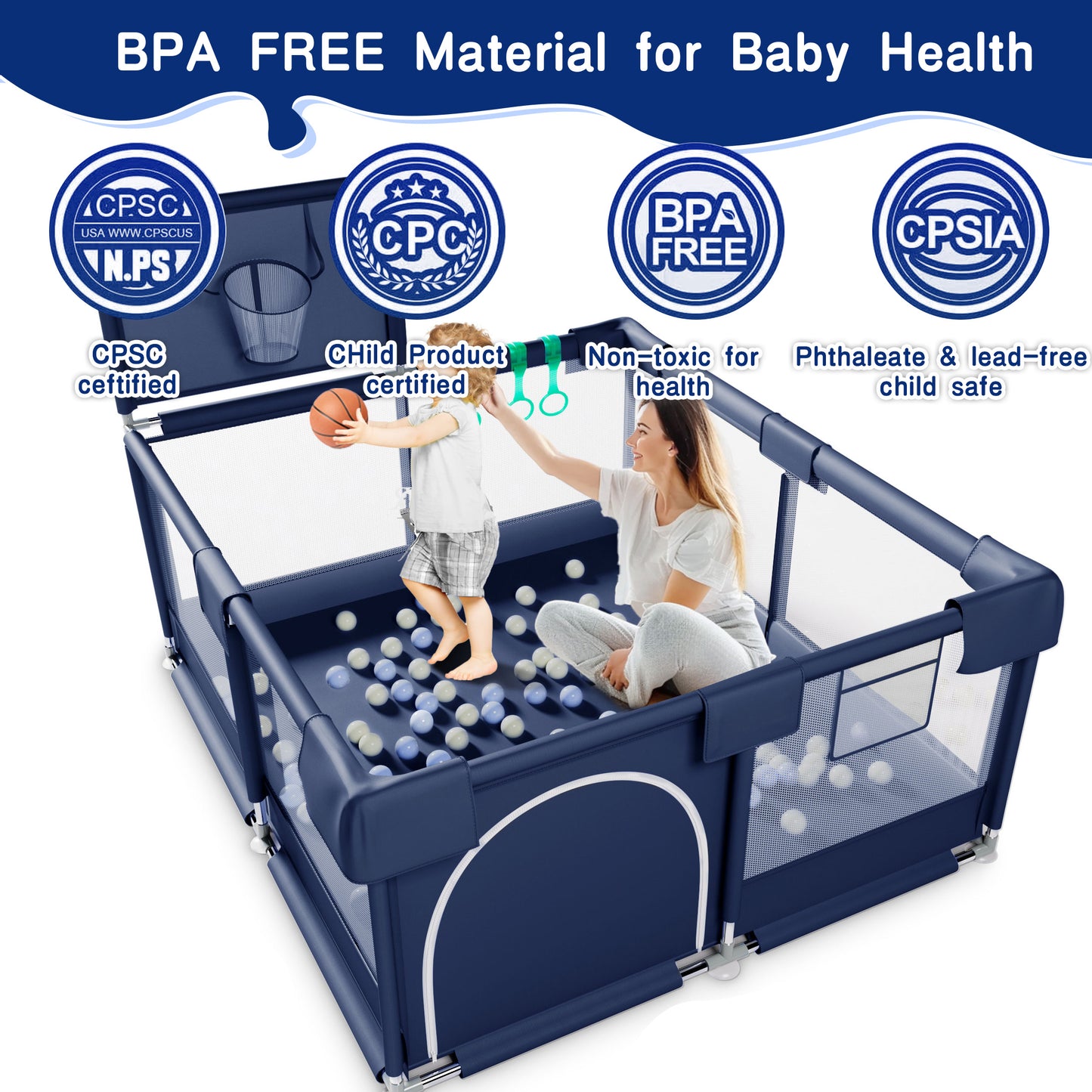 HioHa Baby Playpen, Big Playard with Basketball Hoop, Portable Play Yard Baby Fences with Storage Bag for Infant Toddler